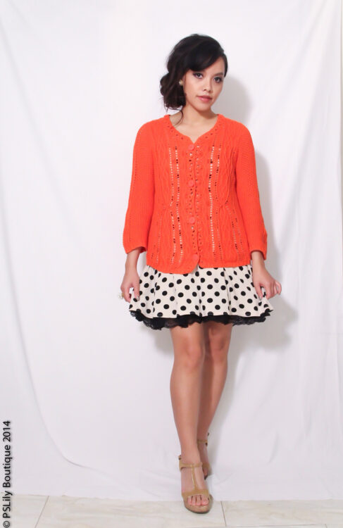 Beige Black Polk dot dress, orange knit cardigan, instagram: @pslilyboutique, LA Fashion blogger, my style, Brighter Days