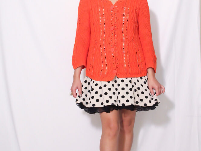 Beige Black Polk dot dress, orange knit cardigan, instagram: @pslilyboutique, LA Fashion blogger, my style, Brighter Days