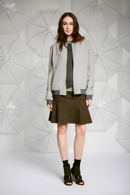 Gray jacket, a-line skirt, boots