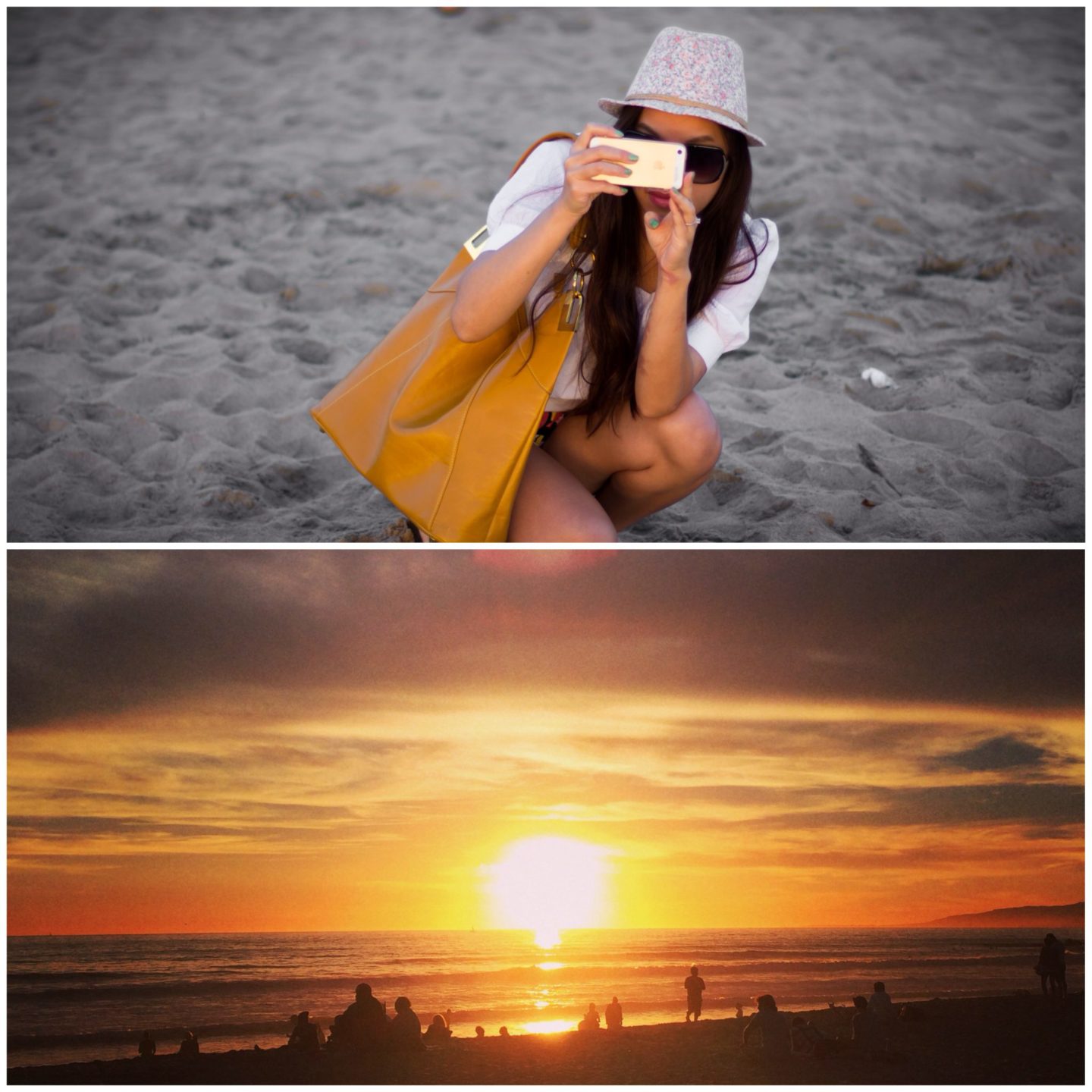 PSLily Boutique fashion Blog, pslilyboutique.com, iphone 5s gold, Venice Beach, yellow urban expressions bag, forever 21 floral fedora, white urban behavior shirt, venice beach sunset