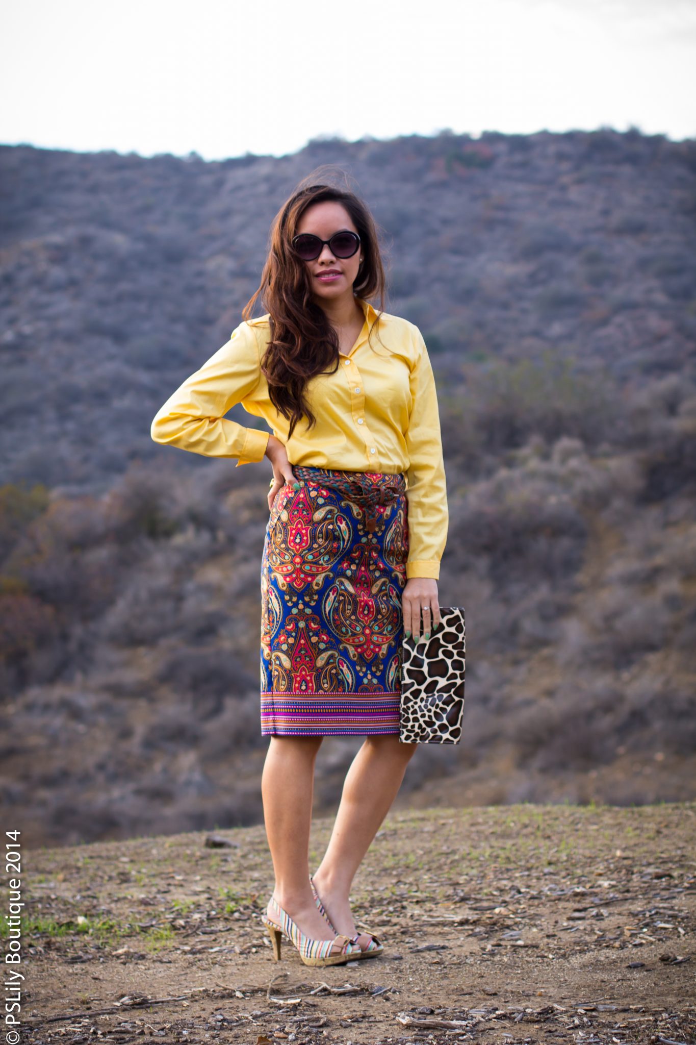 PSLily Boutique, yellow button down, paisley pencil skirt