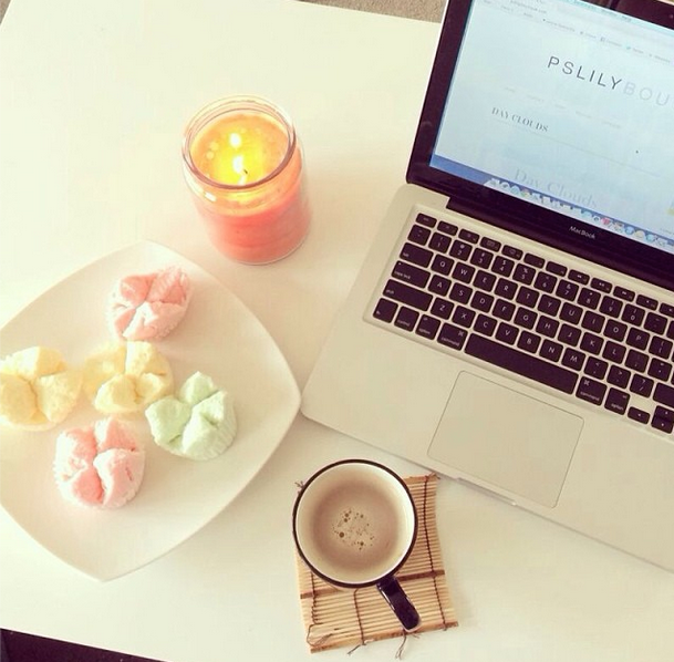 apple macbook pro, coffee, candle, baked goods