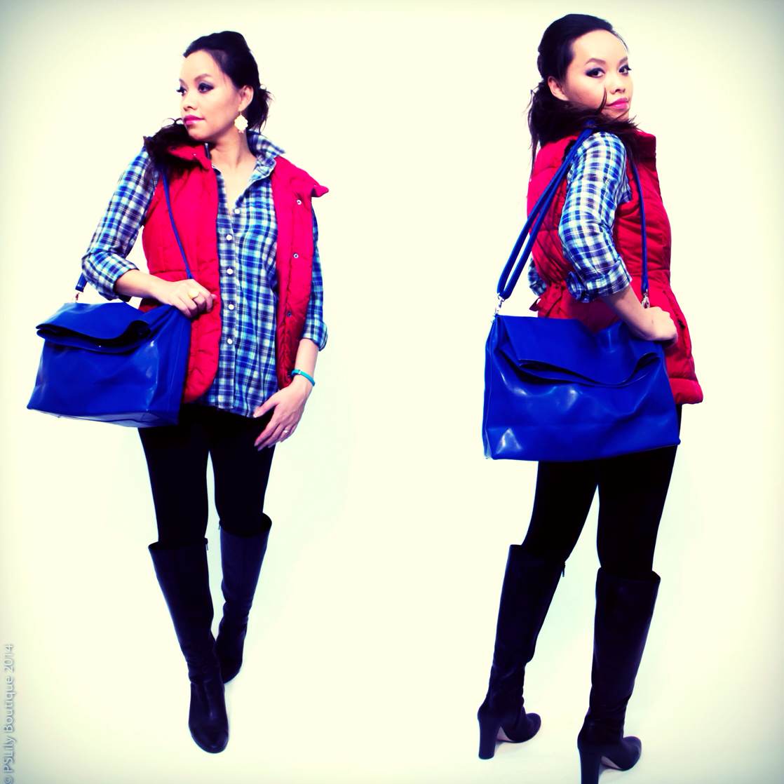 red puffer vest, blue plaid shirt, blue bag, black boots
