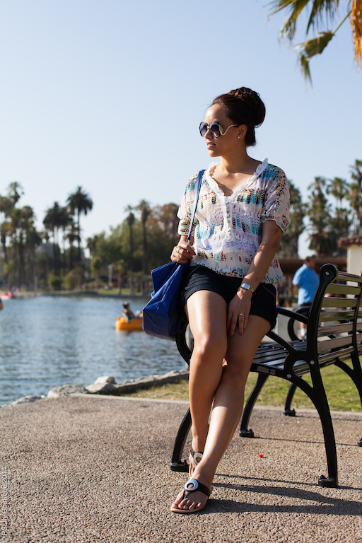 instagram-pslilyboutique-los-angeles-fashion-blogger-summer 2014 outfit ideas, denim roll up shorts, white aztec chiffon peasant top, Echo Park, Los Angeles | PSLily Boutique