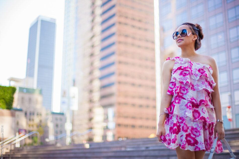 marchesa pink ruffle dress, dressy, pslilyboutique on instagram, pinterest, wedding guest outfit ideas, los angeles fashion blogger, downtown los angeles