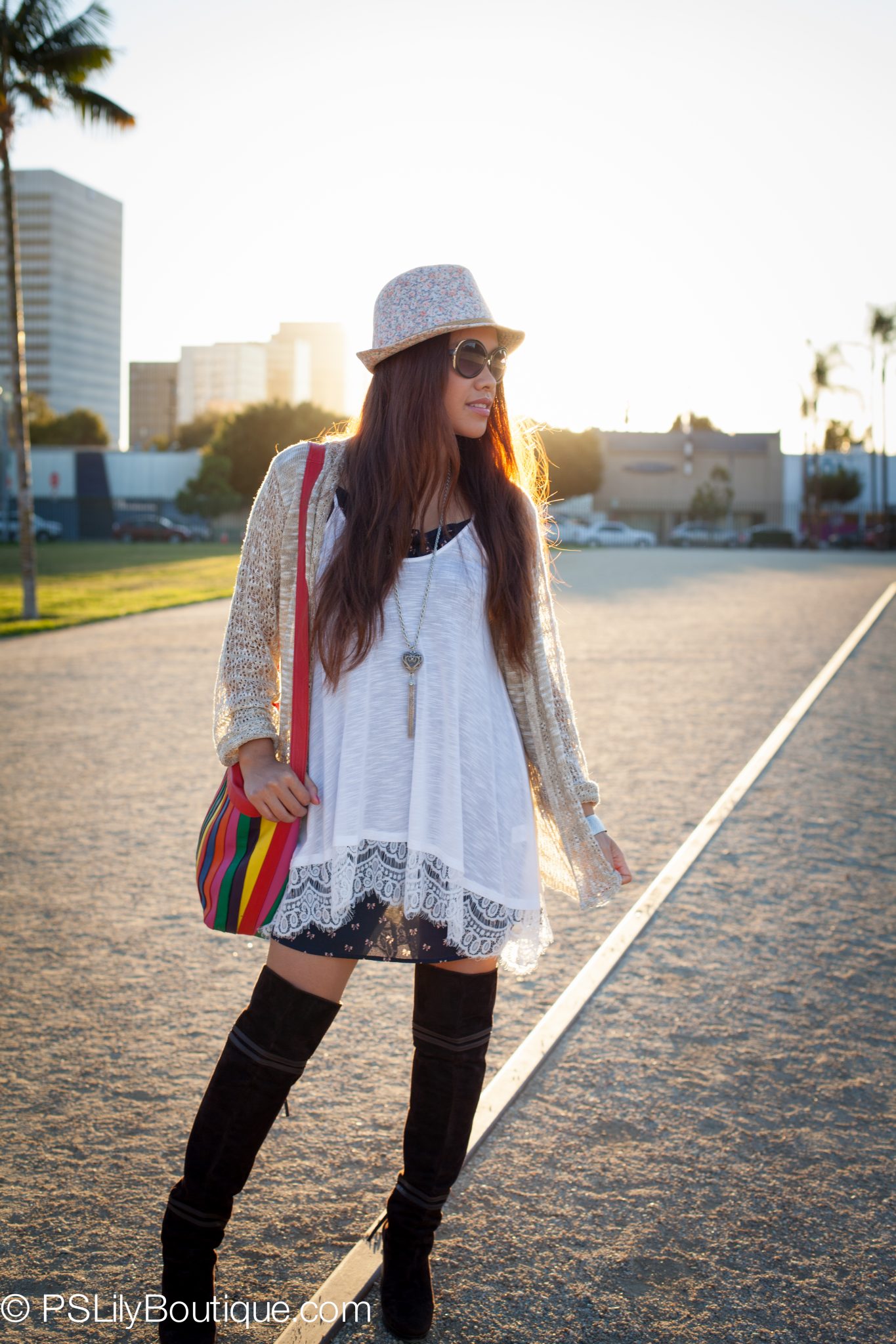 PSLily Boutique, white lace tunic, over the knee boots