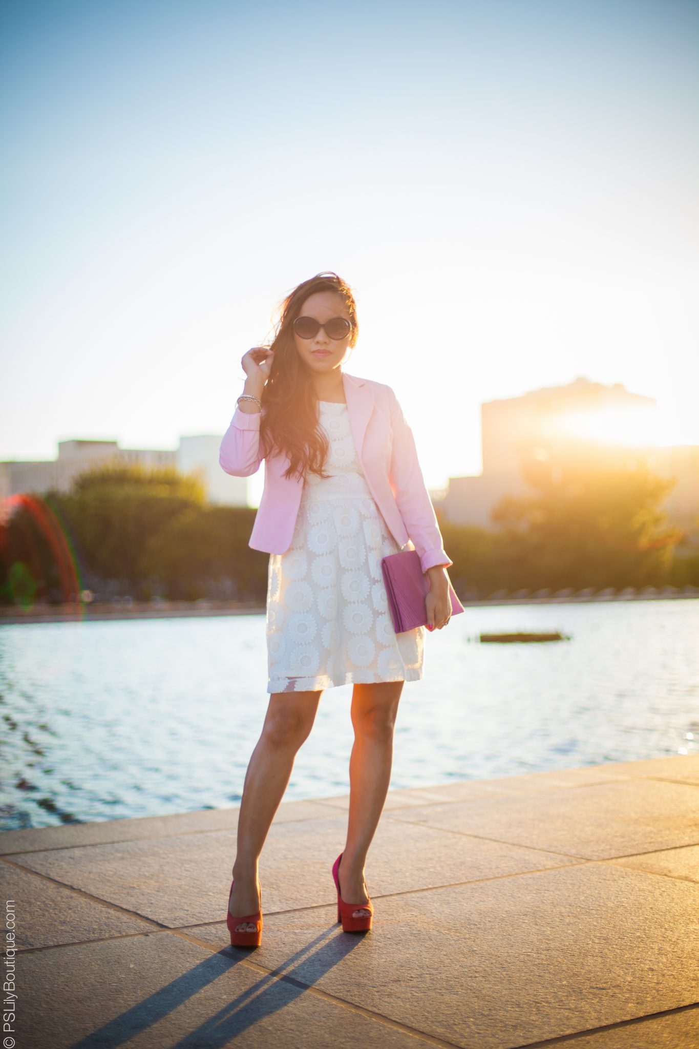 PSLily Boutique | Los Angeles fashion blog, fashion blogger, fall 2014 outfit ideas, pink ann taylor blazer, ivory forever 21 embroidered dress, vintage envelope clutch, diva lounge heels