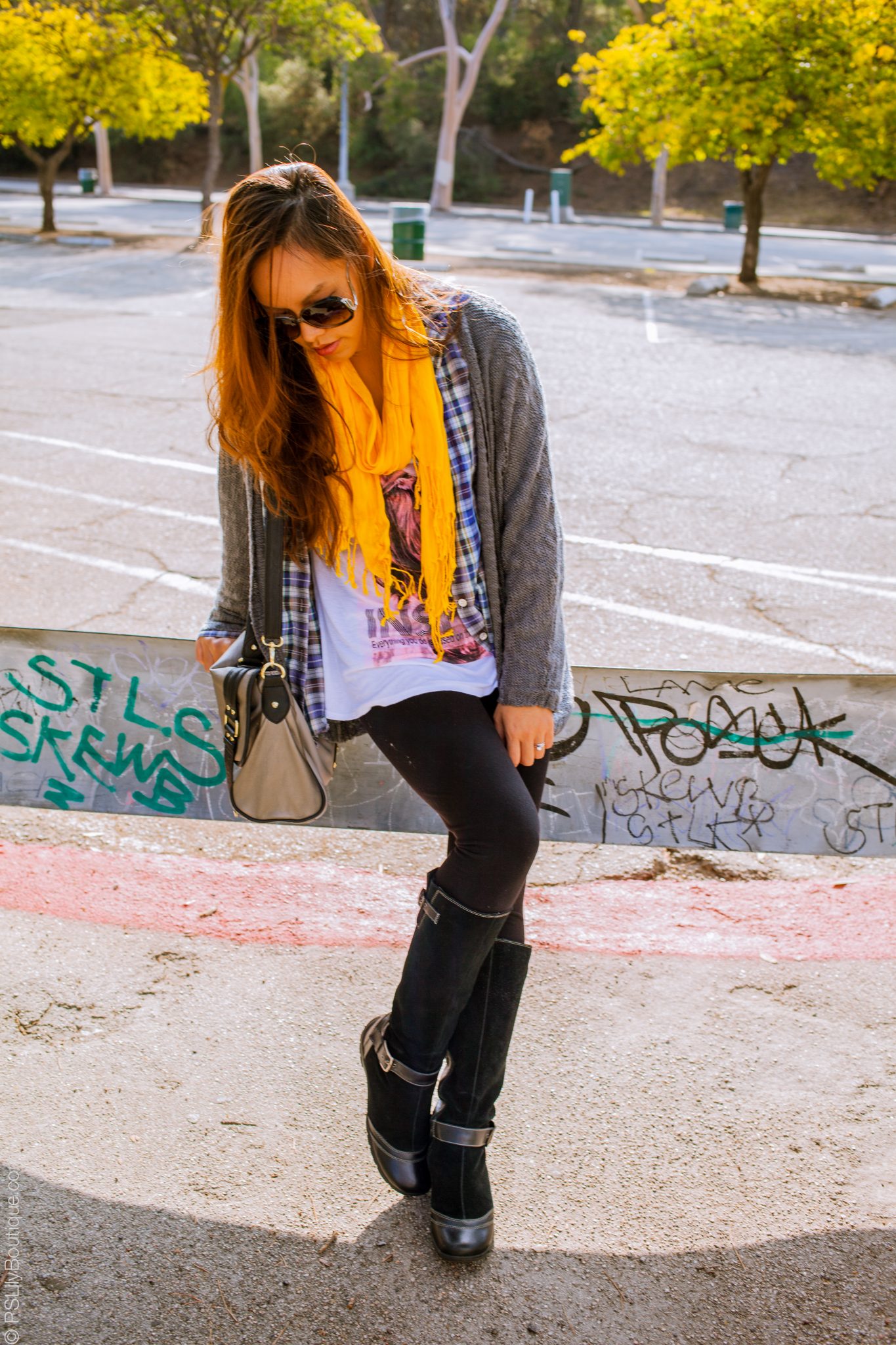 Fall Layers | PSLily Boutique, Black Naturalizer Knee High Boots, Grey Cardigan, Theory Blue Plaid Shirt