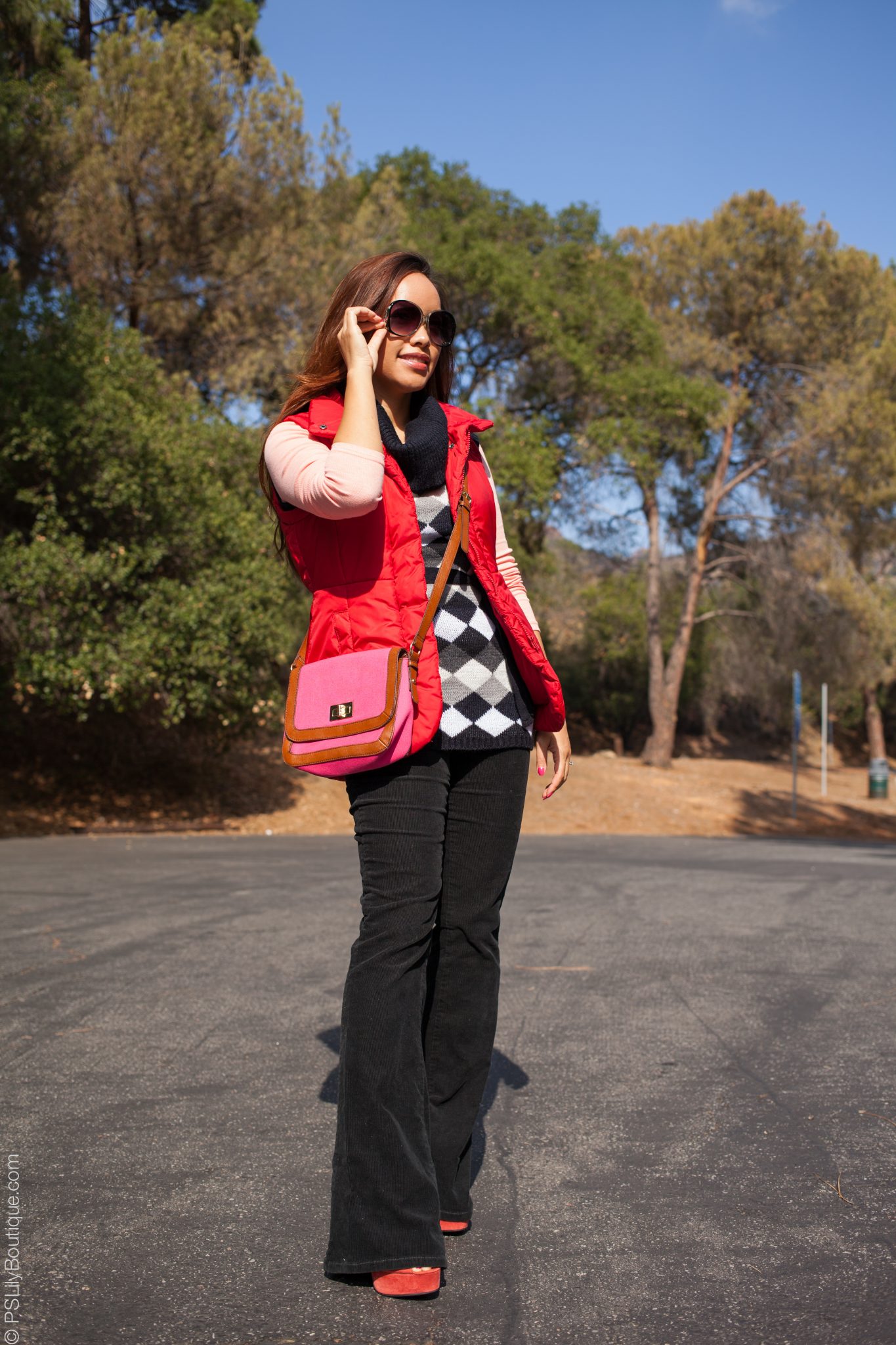 pslilyboutique, fashion blog, fall 2014 outfit ideas, winter style, red vest, black flared pants, red cross body bag, Instagram @pslilyboutique