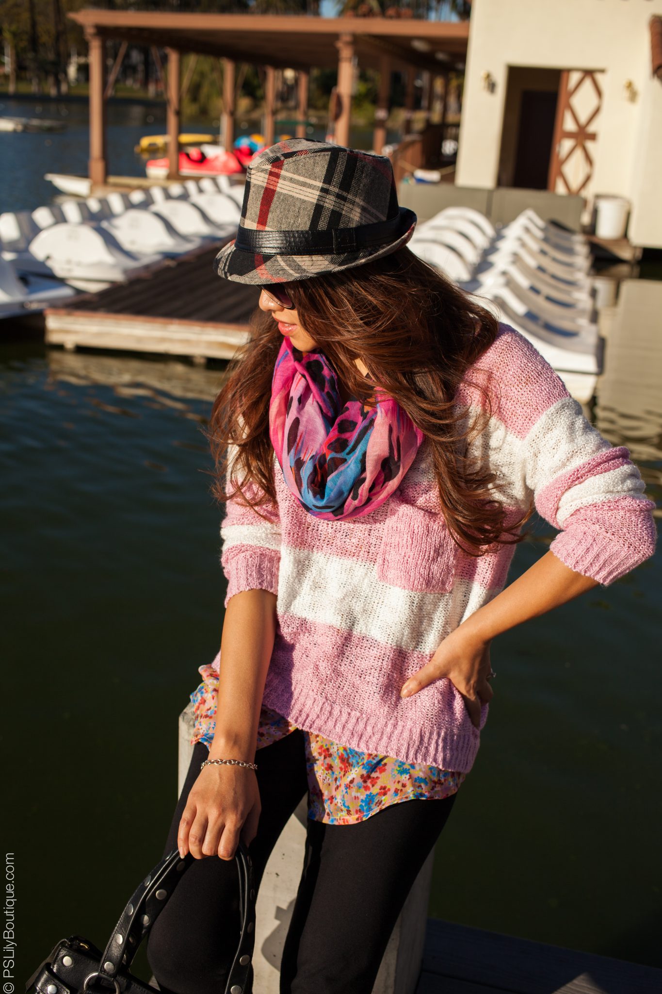 pslilyboutique-fashion-blog, plaid fedora hat, infinity scarf, striped pink sweater, black leggings, studded bag