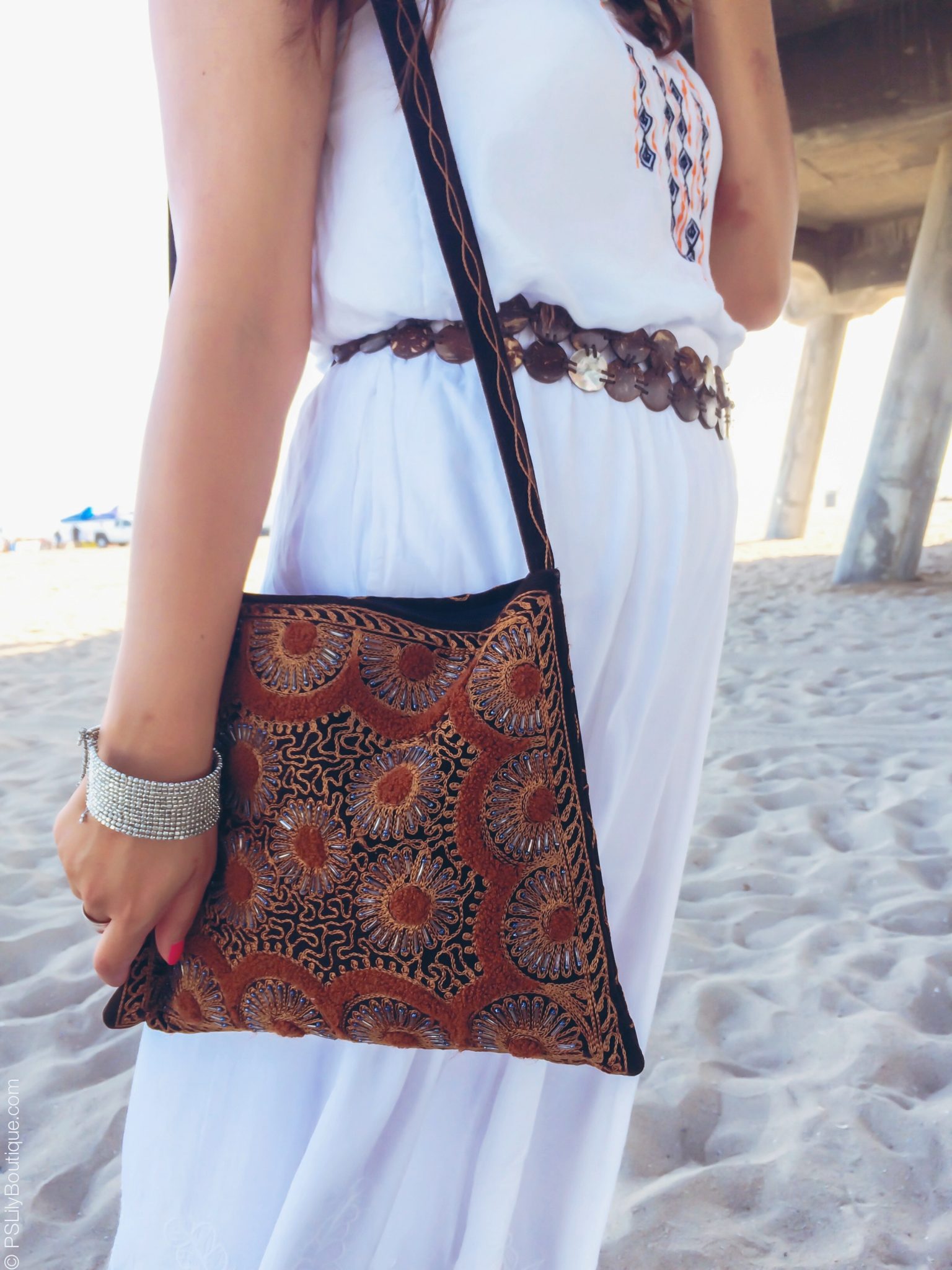 instagram-twitte-pslilyboutique-los-angeles-fashion-blogger-brown-vevet-embellished-cross-body-bag-bracelet-white-skirt-shirt-10-25-2015, huntington beach