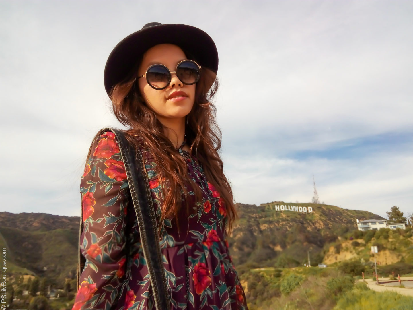 instagram-pslilyboutique-los-angeles-fashion-blogger-hollywood-sign-2017-black-forever-21-wool-hat-floral-maroon-target-dress-winter-2017-outfit-ideas