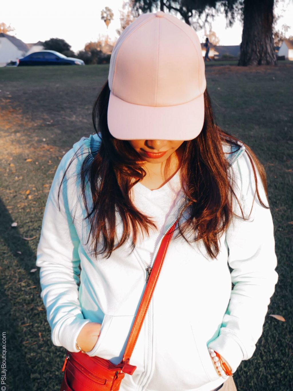 Casual Lounge... | PSLily Boutique, instagram-pslilyboutique-los-angeles-fashion-blogger-blush-pink-H&M-hat-long-hair-champion-light-blue-hoodie-winter-2018-outfit-ideas-1-24-18