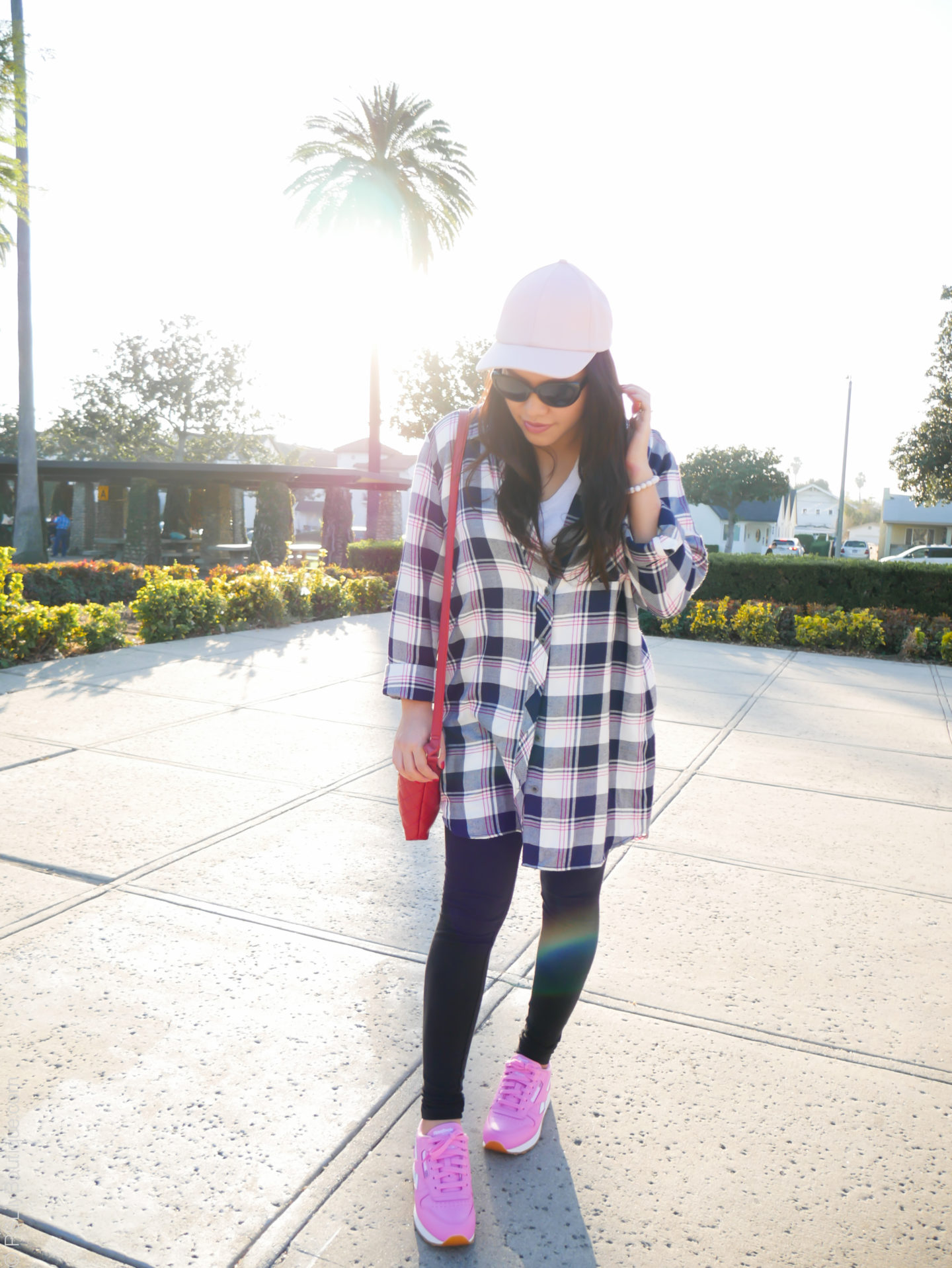 Gone Plaid... Instagram: @pslilyboutique, Pinterest, Los Angeles fashion blogger, top fashion blog, best fashion blog, fashion & personal style blog, travel blog, LA fashion blogger, winter 2018 outfit ideas, my style, casual, KUT from the Kloth blue and white plaid shirt, cat eye sunglasses, 2.6.18, red quilted mini small Stone Mountain crossbody bag, black leggings, pink leather Reebok classic sneakers shoes, casual 