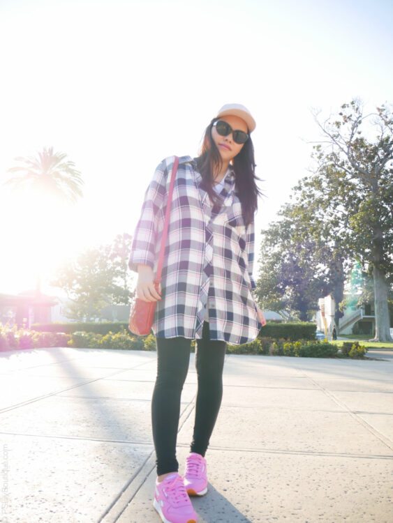 Gone Plaid... | PSLily Boutique, Instagram: @pslilyboutique, Pinterest, Los Angeles fashion blogger, top fashion blog, best fashion blog, fashion & personal style blog, travel blog, LA fashion blogger, winter 2018 outfit ideas, KUT from the Kloth blue and white plai shirt, forever 21 black leggings, pink H&M hat, pink reebok classic sneakers shoes, 2.6.18