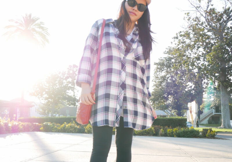 Gone Plaid... | PSLily Boutique, Instagram: @pslilyboutique, Pinterest, Los Angeles fashion blogger, top fashion blog, best fashion blog, fashion & personal style blog, travel blog, LA fashion blogger, winter 2018 outfit ideas, KUT from the Kloth blue and white plai shirt, forever 21 black leggings, pink H&M hat, pink reebok classic sneakers shoes, 2.6.18