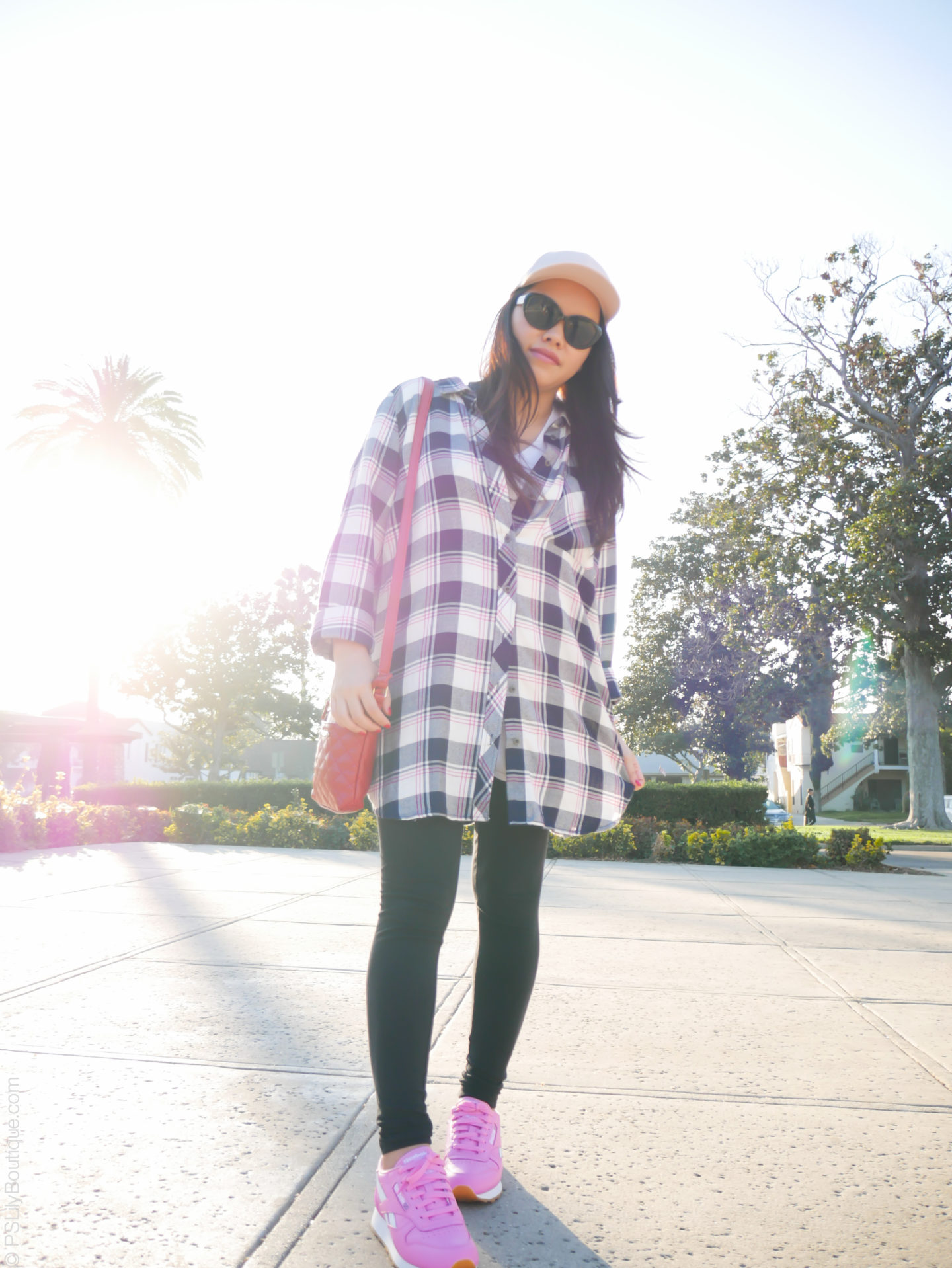 Gone Plaid... – PSLily Boutique | A Los Angeles Based Lifestyle and Fashion Blog by Lily, Instagram: @pslilyboutique, Pinterest, Los Angeles fashion blogger, top fashion blog, best fashion blog, fashion & personal style blog, travel blog, LA fashion blogger, winter 2018 outfit ideas, KUT from the Kloth blue and white plai shirt, forever 21 black leggings, pink H&M hat, pink reebok classic sneakers shoes, 2.6.18