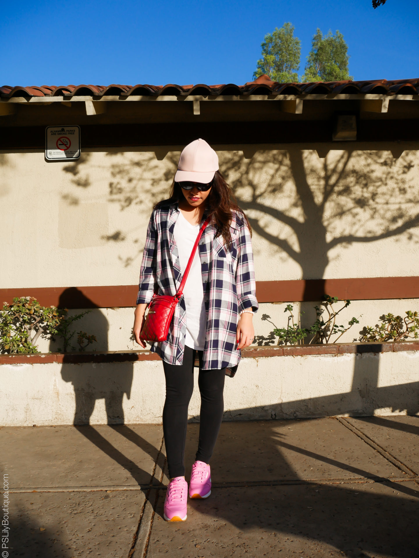 Gone Plaid... | PSLily Boutique, Instagram: @pslilyboutique, Pinterest, Los Angeles fashion blogger, top fashion blog, best fashion blog, fashion & personal style blog, travel blog, LA fashion blogger, my style, street style, 2.6.18, lookbook, daily look, ootd, KUT from the KLOTH blue and white plaid shirt, pink leather Reebok classic sneakers shoes, light pink H&M hat, red leather quilted Stone Mountain mini crossbody bag, park, 2.6.18, winter 2018 outfit ideas 