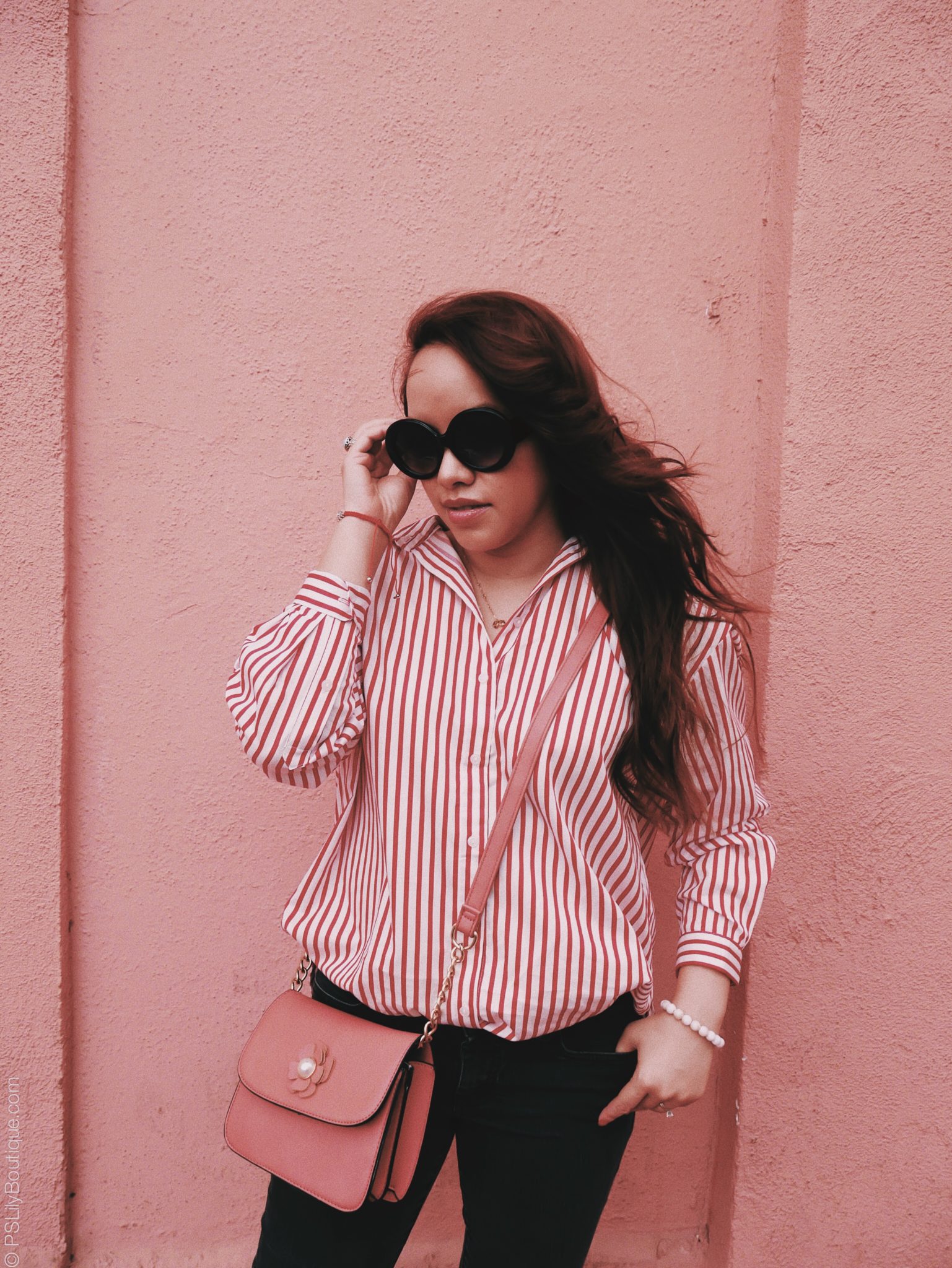 Stars and Stripes, Instagram: @pslilyboutique, Pinterest, Los Angeles fashion blogger, top fashion blog, best fashion blog, fashion & personal style blog, travel blog, travel blogger, LA fashion blogger, H&M Red and White Stripes Shirt, Round Black Sunglasses, Andrew Marc Salmon Pink Crossbody with pearl flower detail bag, long hair, bracelet, Nine West Jeans, ootd, Spring & Summer 2018 outfit ideas, 6.25.18