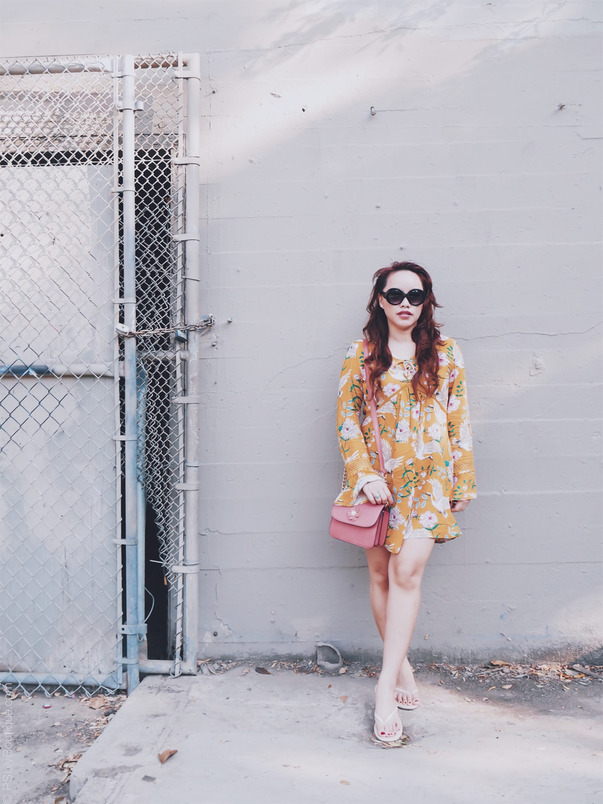 Like a bird... | PSLily Boutique - A Fashion & Personal Style Blog. Instagram: @pslilyboutique, Pinterest, Los Angeles fashion blogger, top fashion blog, best fashion blog, fashion & personal style blog, travel blog, travel blogger, LA fashion blogger, Sam Edelman Nude Beige Slip- Ons Sandals Shoes, Spring & Summer 2018 Outfit ideas, yellow dress, floral & bird print dress, Andrew Marc Salmon Pink Flower Detail Mini Bag, Long Hair, Beauty, My Style, 7.20.18