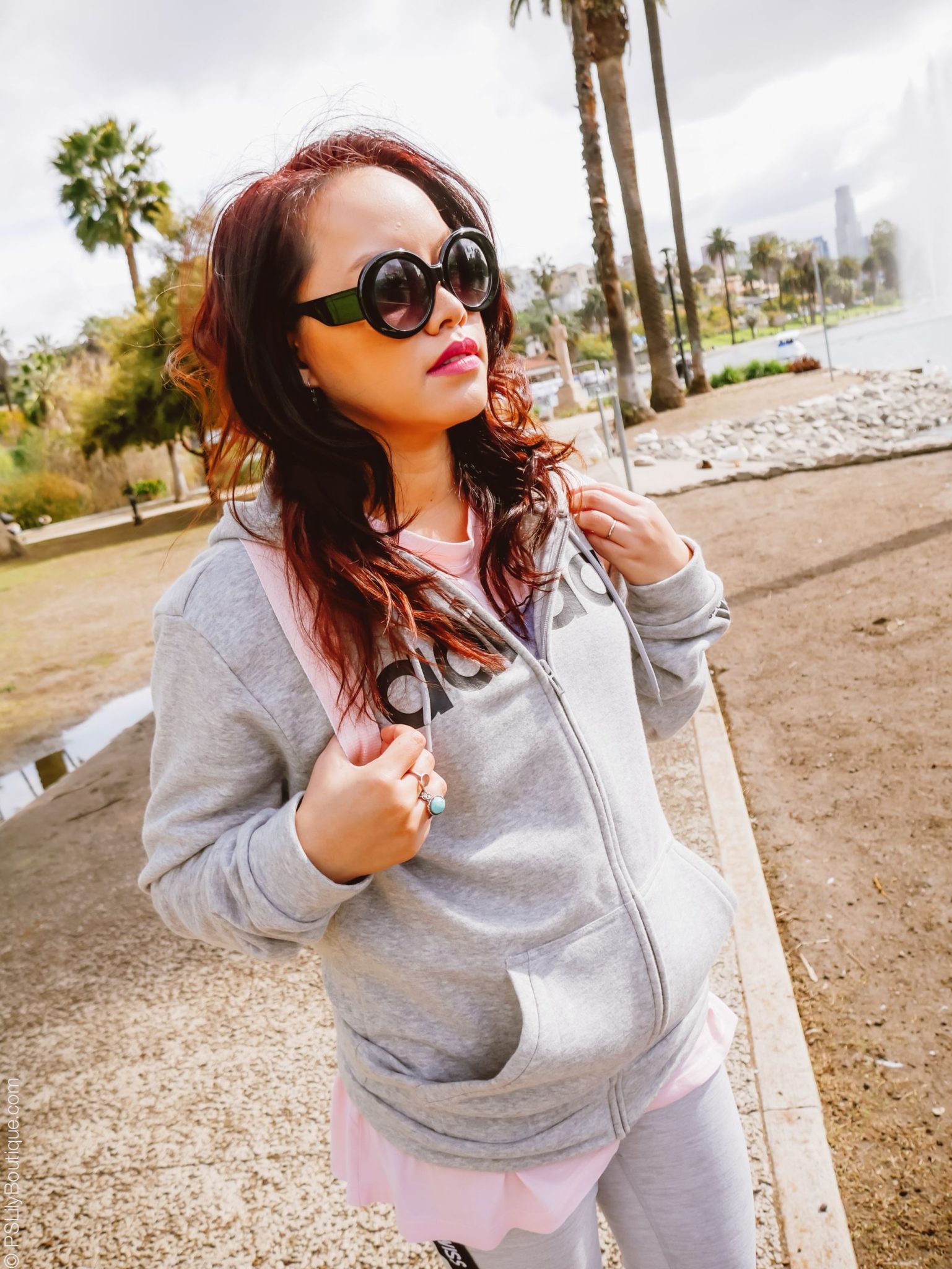 instagram-pslilyboutique-pinterest-ready-go-los-angeles-fashion-blogger-adidas-gray-hoodie-h&m-pink-printed-hawaii-t-shirt-black-round-sunglasses-cover-girl-lipstick-spring-2019-outfit-ideas-Echo_Park-4