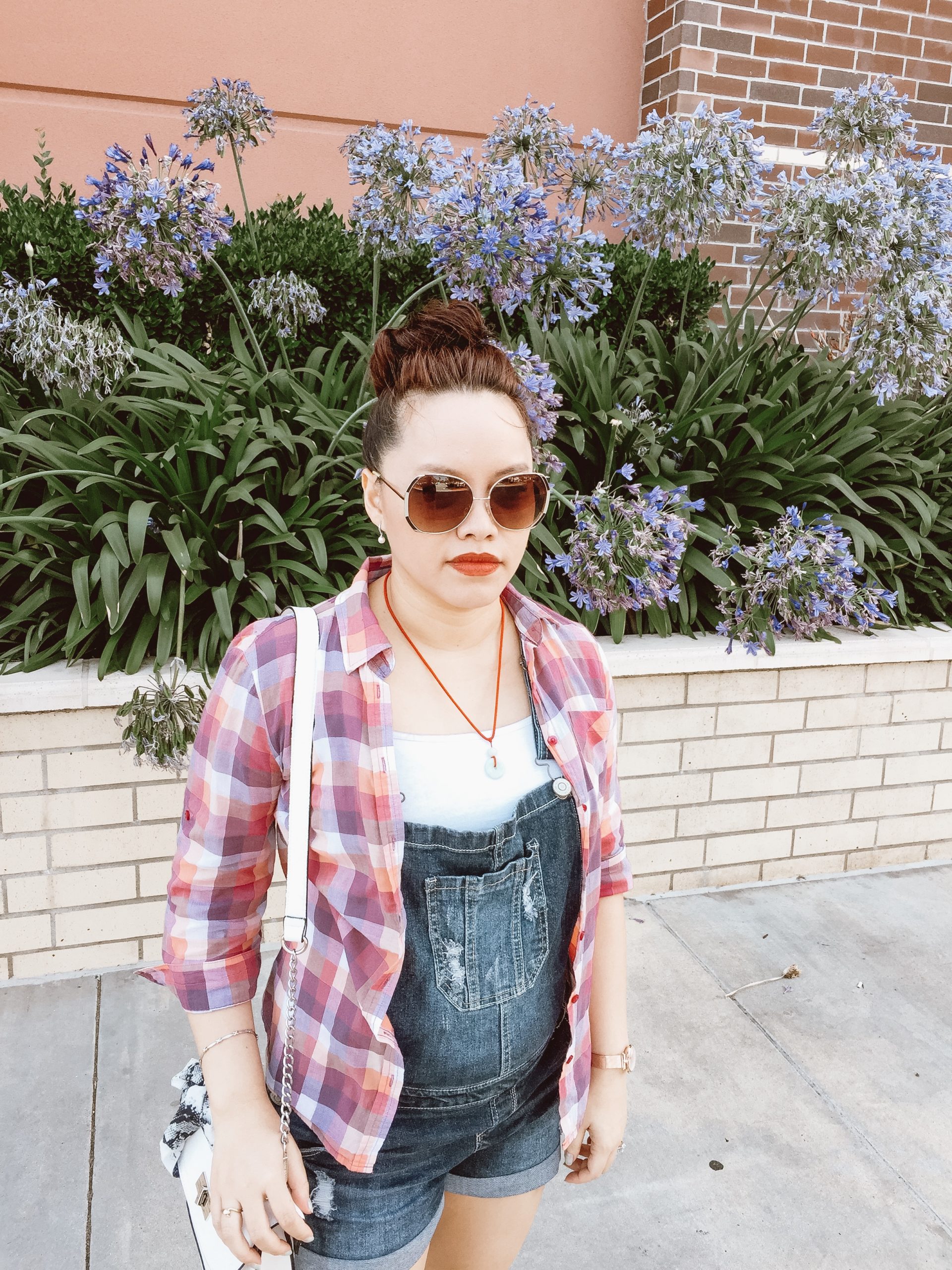 instagram-pslilyboutique-pinterest-purple-flowers-LA-fashion-blog-red-alima-pure-lipstick-white-pearl-drop-earrings-white-express-camisole-lucky-brand-top-knot-hair-summer-2019-outfit-ideas-7-9-19