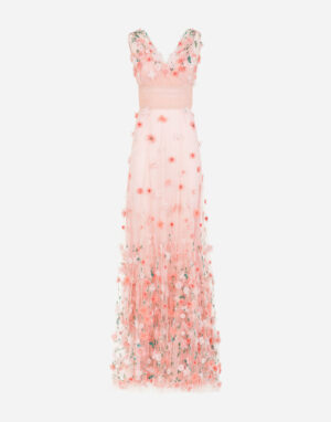 Long dress in tulle with sequins and mini hand-embroidered flowers -Peach