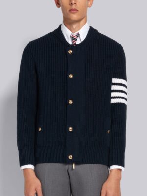 THOM BROWNE NAVY COTTON WOOL MIX HALF CARDIGAN RELAXED FIT BOMBER JACKET