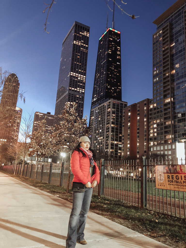 red-calvin-klein-puffer-coat-chicag-skyline-john-hancock-tower-IMG_4111